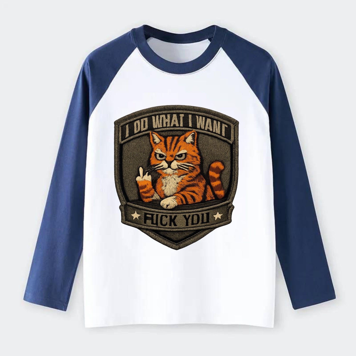 I DO WHAT I WANT CAT - sassy cat in orange , feline attitude - Raglan Long Sleeve T-Shirt - Blue