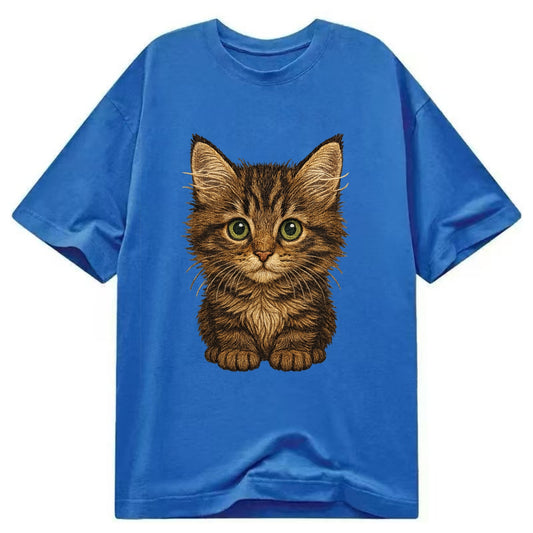 Baby Maine Coon Kitten - large fluffy tabby, tufted ears, big green eyes, - Classic T-shirt - Blue