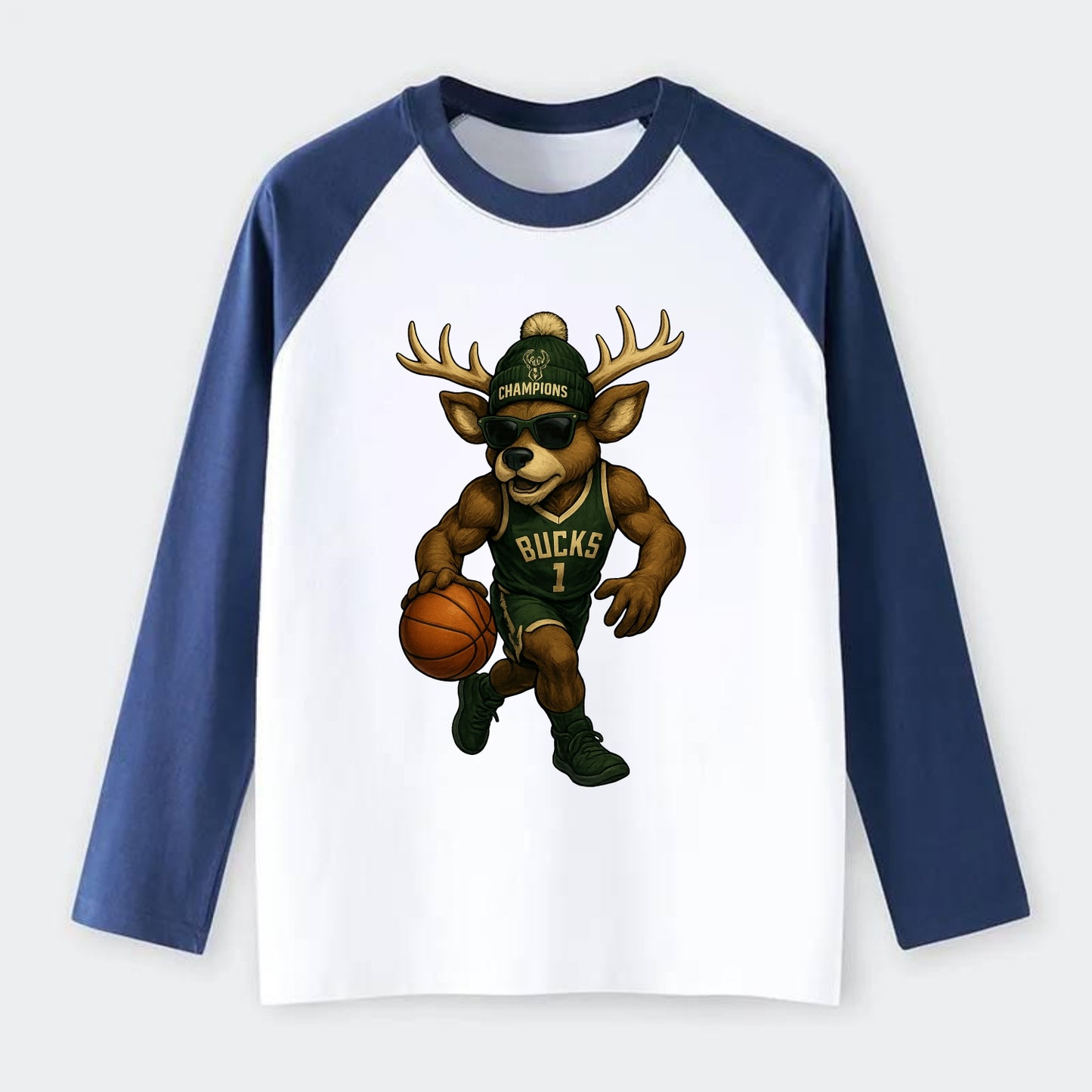 Milwaukee Buck Deer wearing Bucks green and cream beanie with antlers - Raglan Long Sleeve T-Shirt - Blue