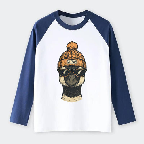 Ottawa Canadian Goose wearing Ottawa beanie with pom pom and wayfarer - Raglan Long Sleeve T-Shirt