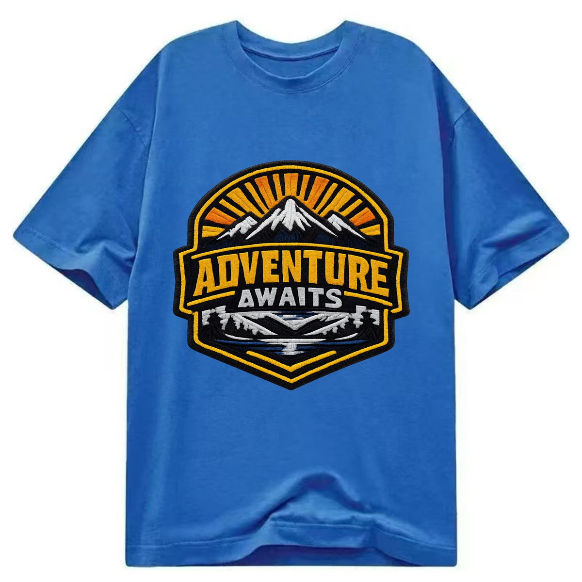 ADVENTURE AWAITS - mountain sunrise with text in gold and blue , wanderlust - Classic T-shirt - Blue