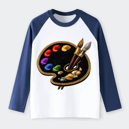 PAINT PALETTE - artist palette with brushes in rainbow and brown , - Raglan Long Sleeve T-Shirt - Blue