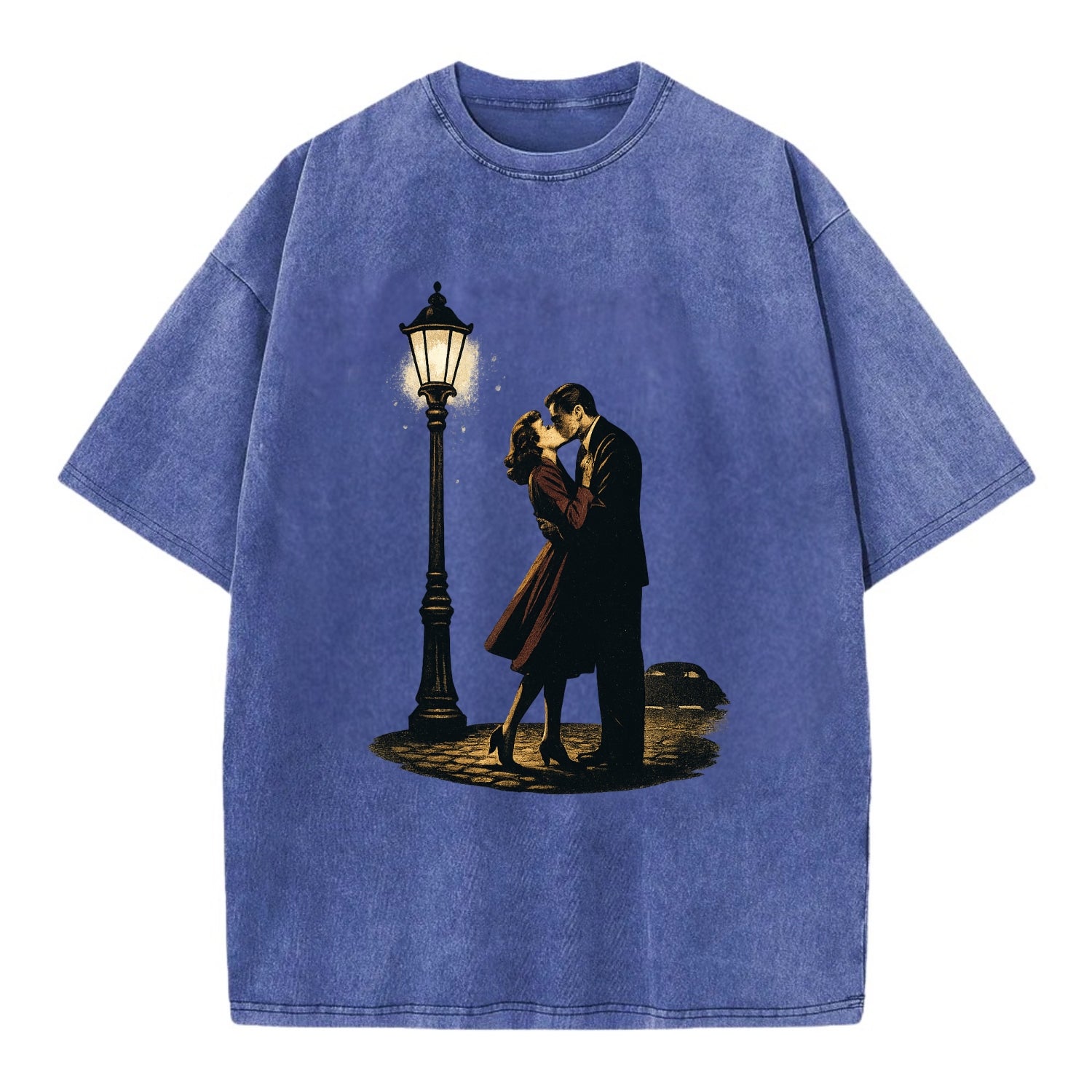 first kiss under vintage street lamp on cobblestone at night - Vintage T-shirt - Blue