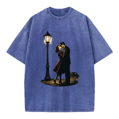 first kiss under vintage street lamp on cobblestone at night - Vintage T-shirt - Blue