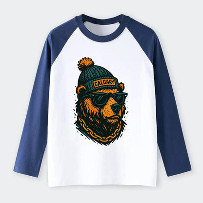 Calgary Grizzly Bear wearing Calgary bea - Raglan Long Sleeve T-Shirt - Blue