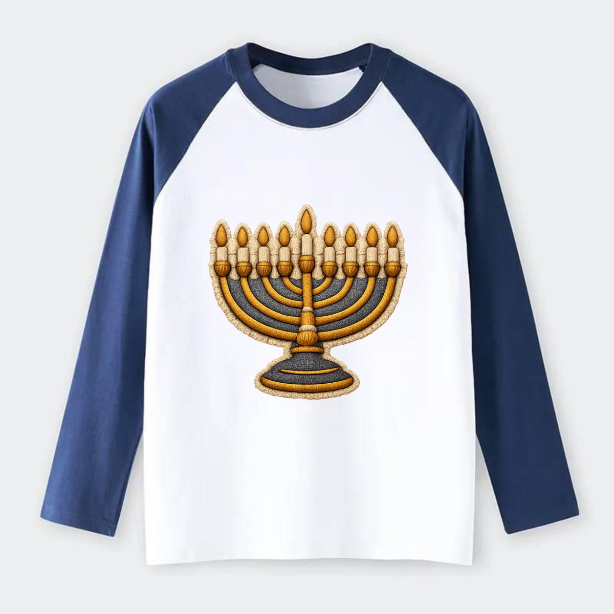 MENORAH LIGHTS - nine branch candelabra in gold and blue , Hanukkah - Raglan Long Sleeve T-Shirt - Blue