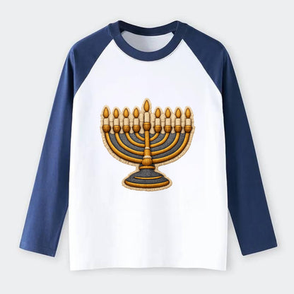 MENORAH LIGHTS - nine branch candelabra in gold and blue , Hanukkah - Raglan Long Sleeve T-Shirt - Blue