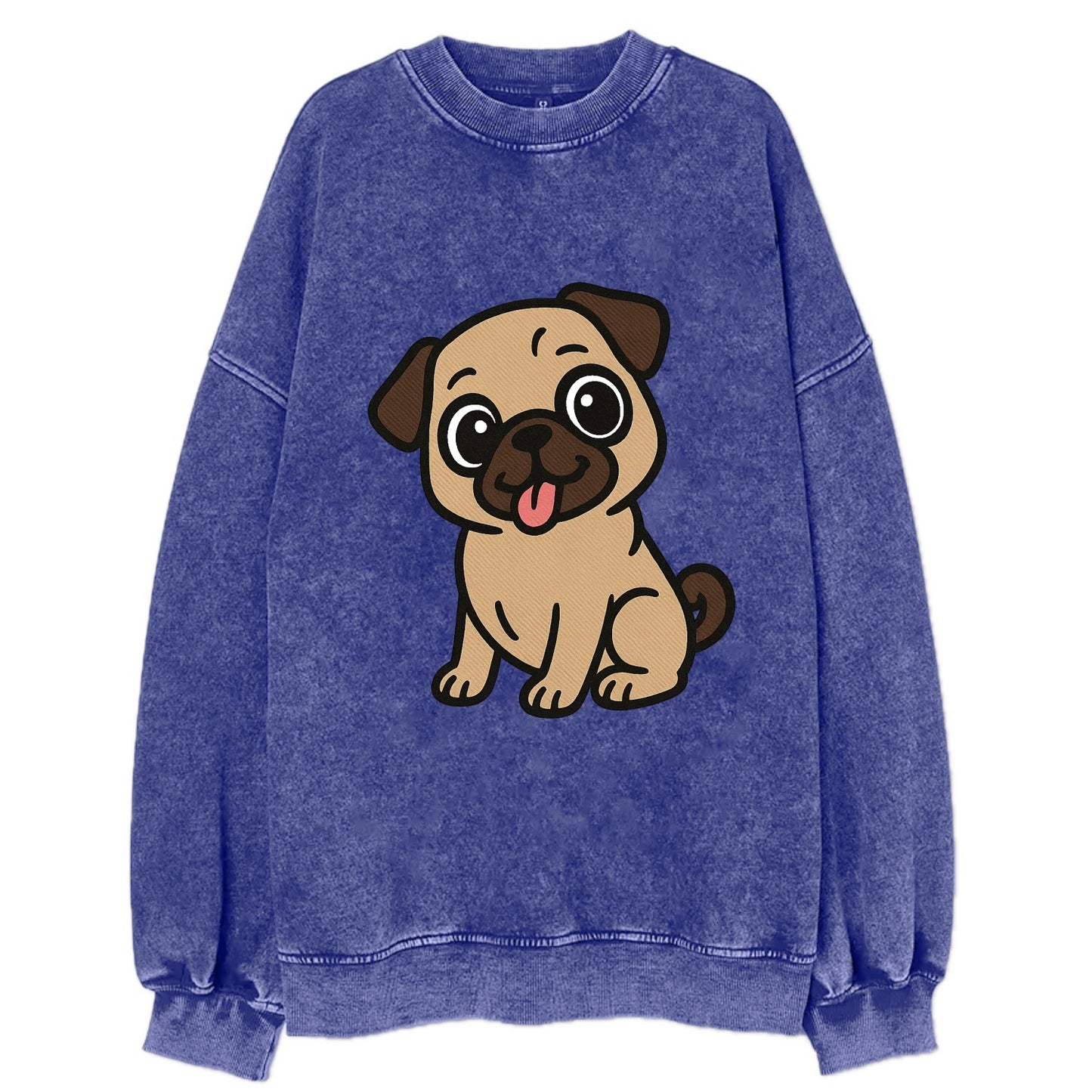 Pug - Tilted head with tongue out - Vintage Sweatshirt - Blue