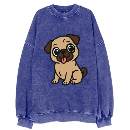 Pug - Tilted head with tongue out - Vintage Sweatshirt - Blue