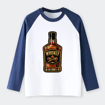 WHISKEY BOTTLE - bourbon bottle in amber and gold , spirits connoisseur - Raglan Long Sleeve T-Shirt - Blue