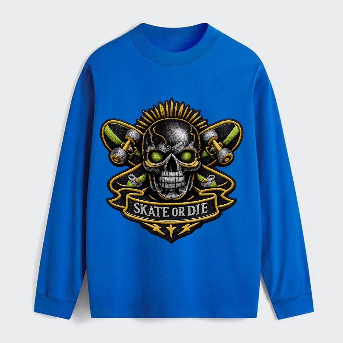 SKATEBOARD SKULL - skull with skateboard in black and neon green , - Classic Long Sleeve Shirt - Blue
