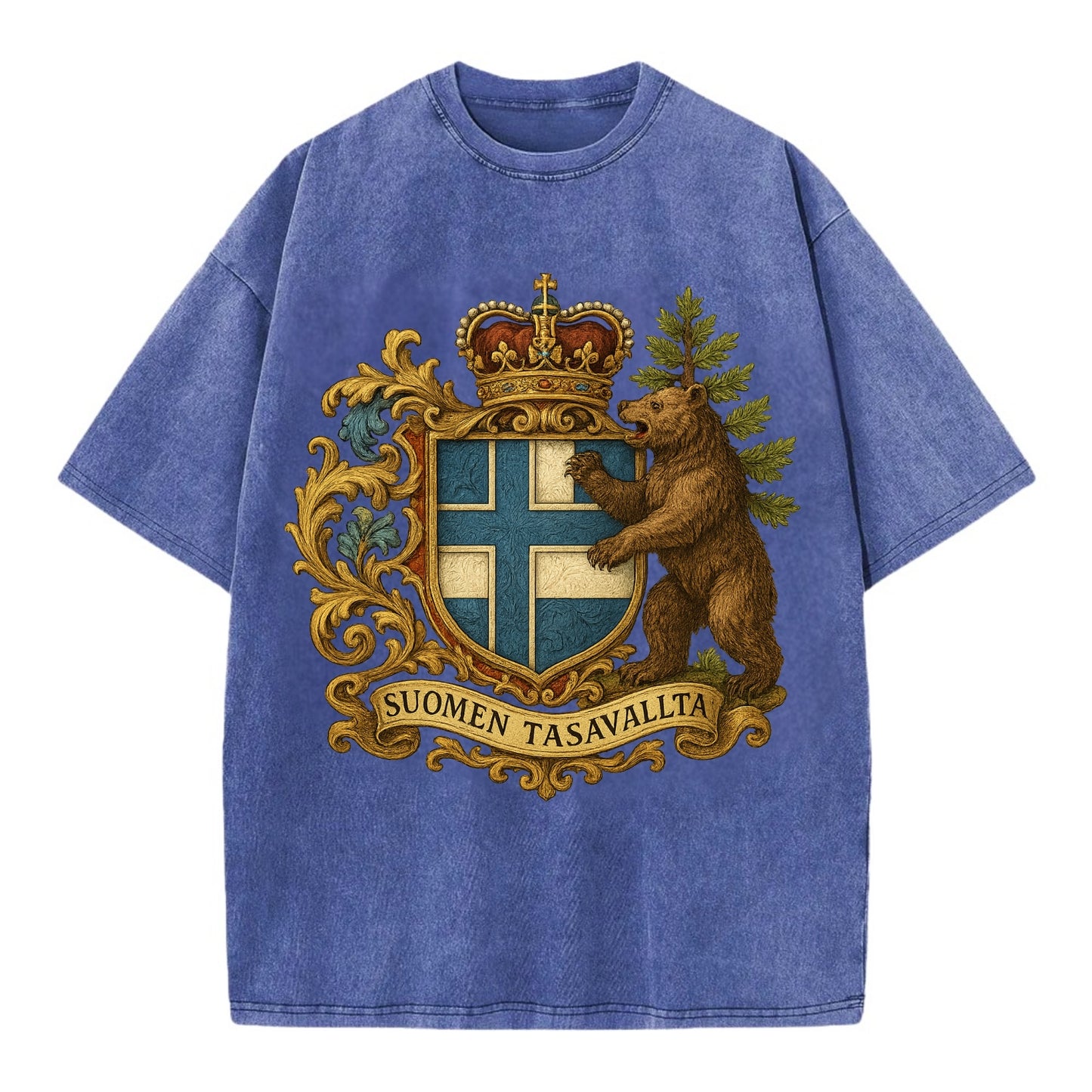 Finland Brown Bear Emblem  - Vintage T-shirt - Blue