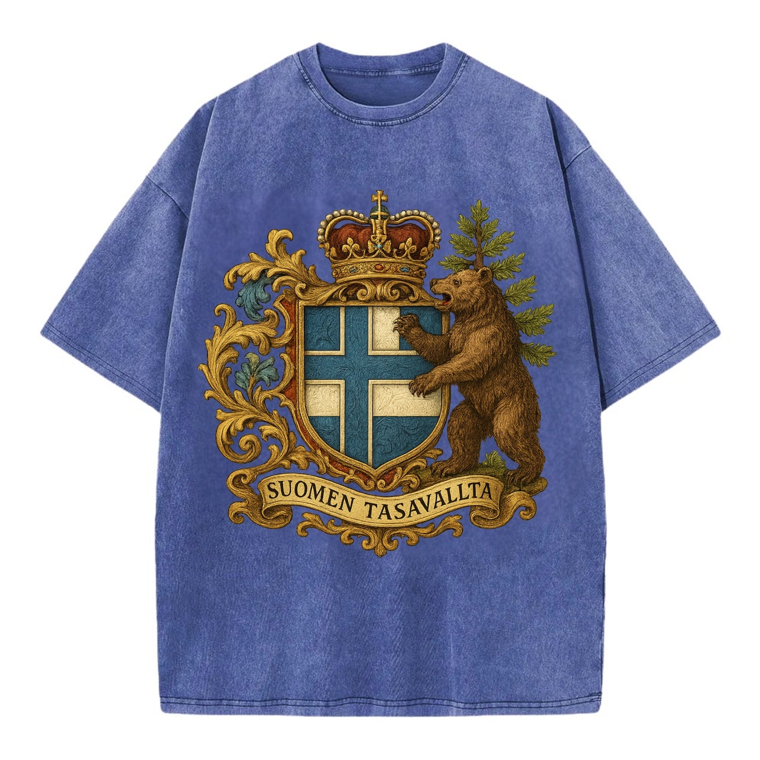 Finland Brown Bear Emblem  - Vintage T-shirt - Blue
