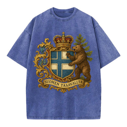 Finland Brown Bear Emblem  - Vintage T-shirt - Blue