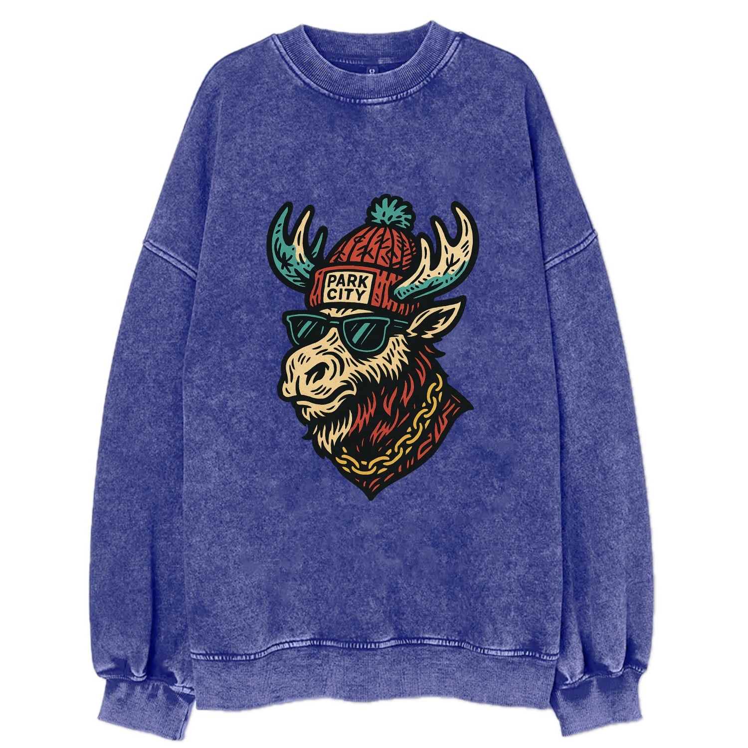 Park City Moose wearing Park City beanie with pom pom and wayfarer sunglasses - Vintage Sweatshirt - Blue