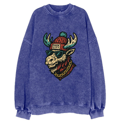 Park City Moose wearing Park City beanie with pom pom and wayfarer sunglasses - Vintage Sweatshirt - Blue