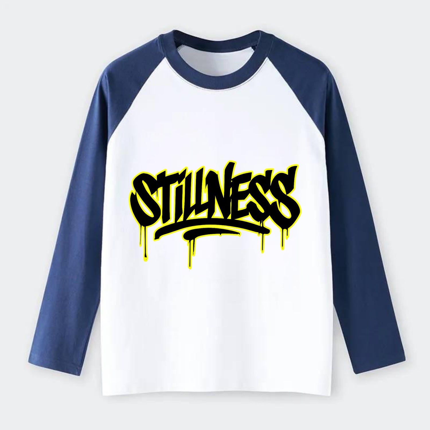 Bold typography design - "STILLNESS" - quiet power, peaceful presence - Raglan Long Sleeve T-Shirt - Blue