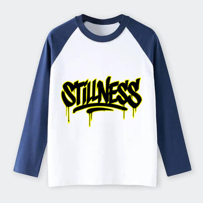Bold typography design - "STILLNESS" - quiet power, peaceful presence - Raglan Long Sleeve T-Shirt - Blue
