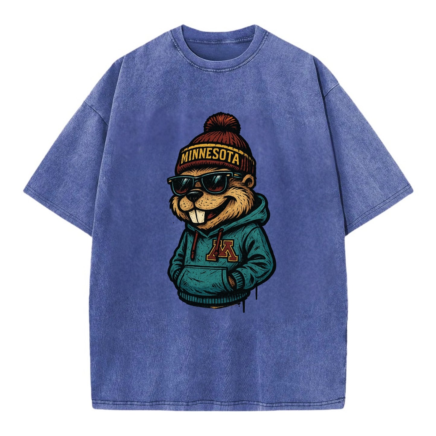 Minneapolis Gopher wearing Minnesota beanie with M patch - Vintage T-shirt - Blue