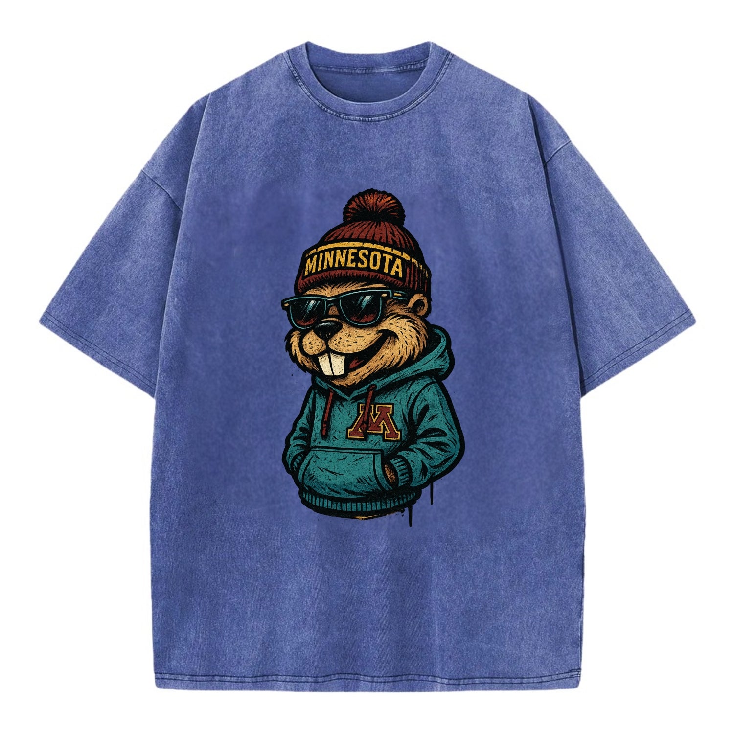 Minneapolis Gopher wearing Minnesota beanie with M patch - Vintage T-shirt - Blue
