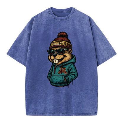 Minneapolis Gopher wearing Minnesota beanie with M patch - Vintage T-shirt - Blue