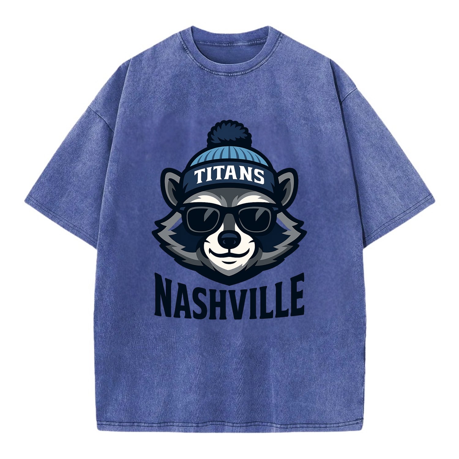 Nashville Raccoon wearing Titans navy and light blue beanie with pom pom and - Vintage T-shirt - Blue