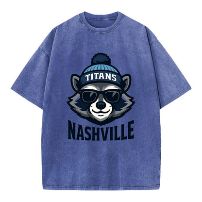 Nashville Raccoon wearing Titans navy and light blue beanie with pom pom and - Vintage T-shirt - Blue