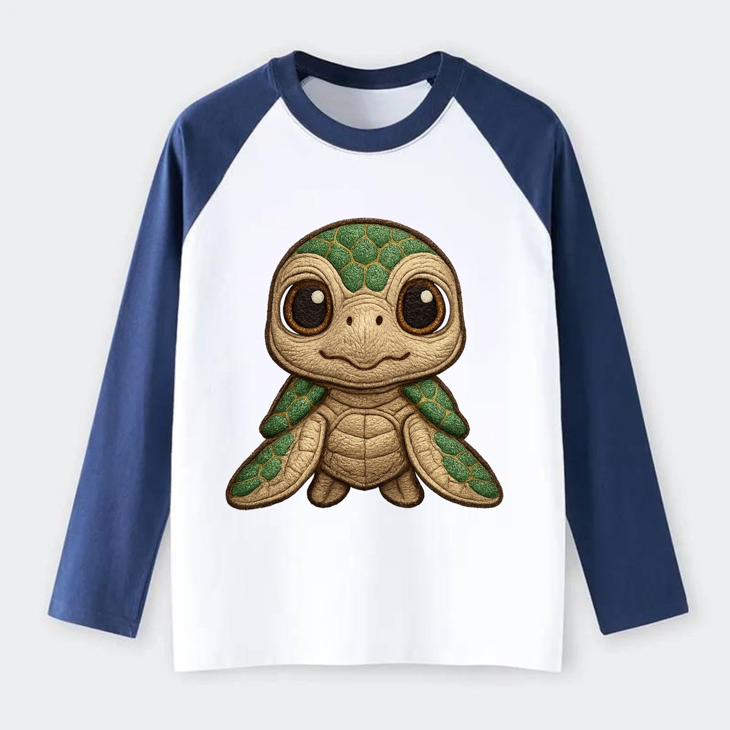 Baby Green Sea Turtle - emerald shell, large innocent brown eyes, tiny - Raglan Long Sleeve T-Shirt - Blue