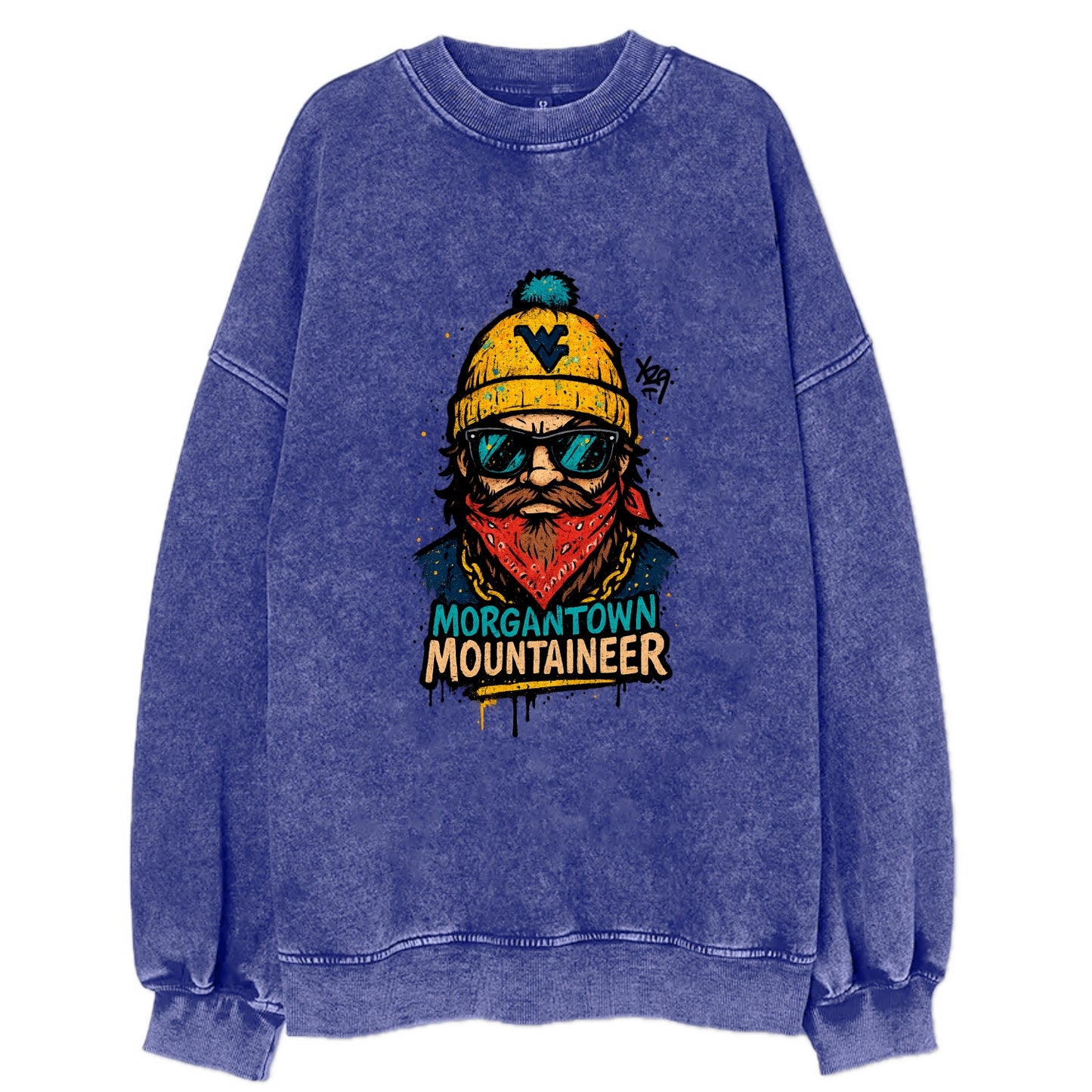 Morgantown Mountaineer wearing West Virginia beanie with WV patch - Vintage Sweatshirt - Blue