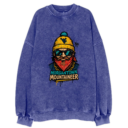 Morgantown Mountaineer wearing West Virginia beanie with WV patch - Vintage Sweatshirt - Blue