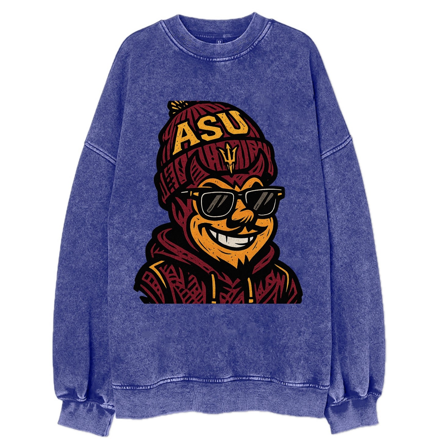 Tempe Sparky wearing Arizona State beanie with fork patch - Vintage Sweatshirt - Blue