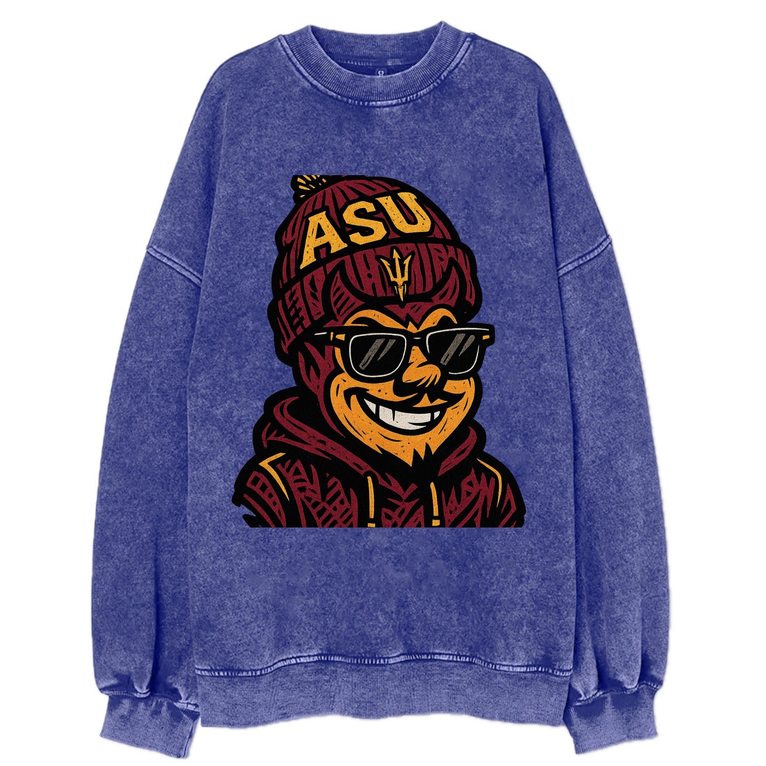 Tempe Sparky wearing Arizona State beanie with fork patch - Vintage Sweatshirt - Blue