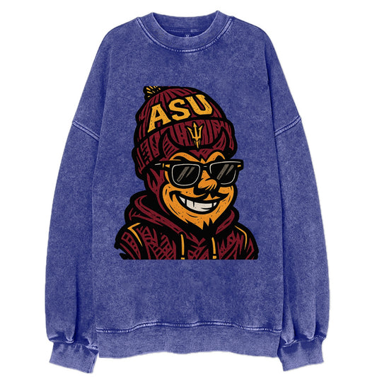 Tempe Sparky wearing Arizona State beanie with fork patch - Vintage Sweatshirt - Blue