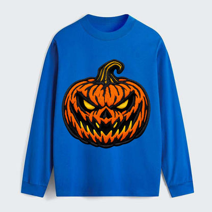 HALLOWEEN PUMPKIN - jack o lantern in orange and black , spooky - Classic Long Sleeve Shirt - Blue