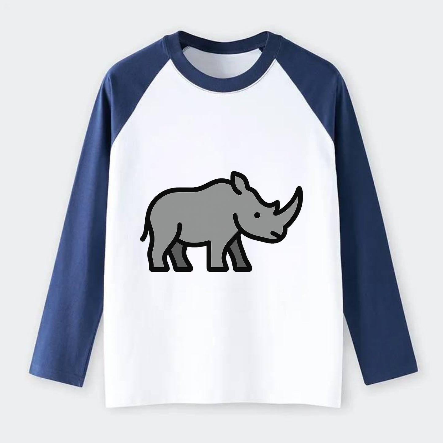 Rhinoceros - Gray with horn flat side profile - Raglan Long Sleeve T-Shirt - Blue
