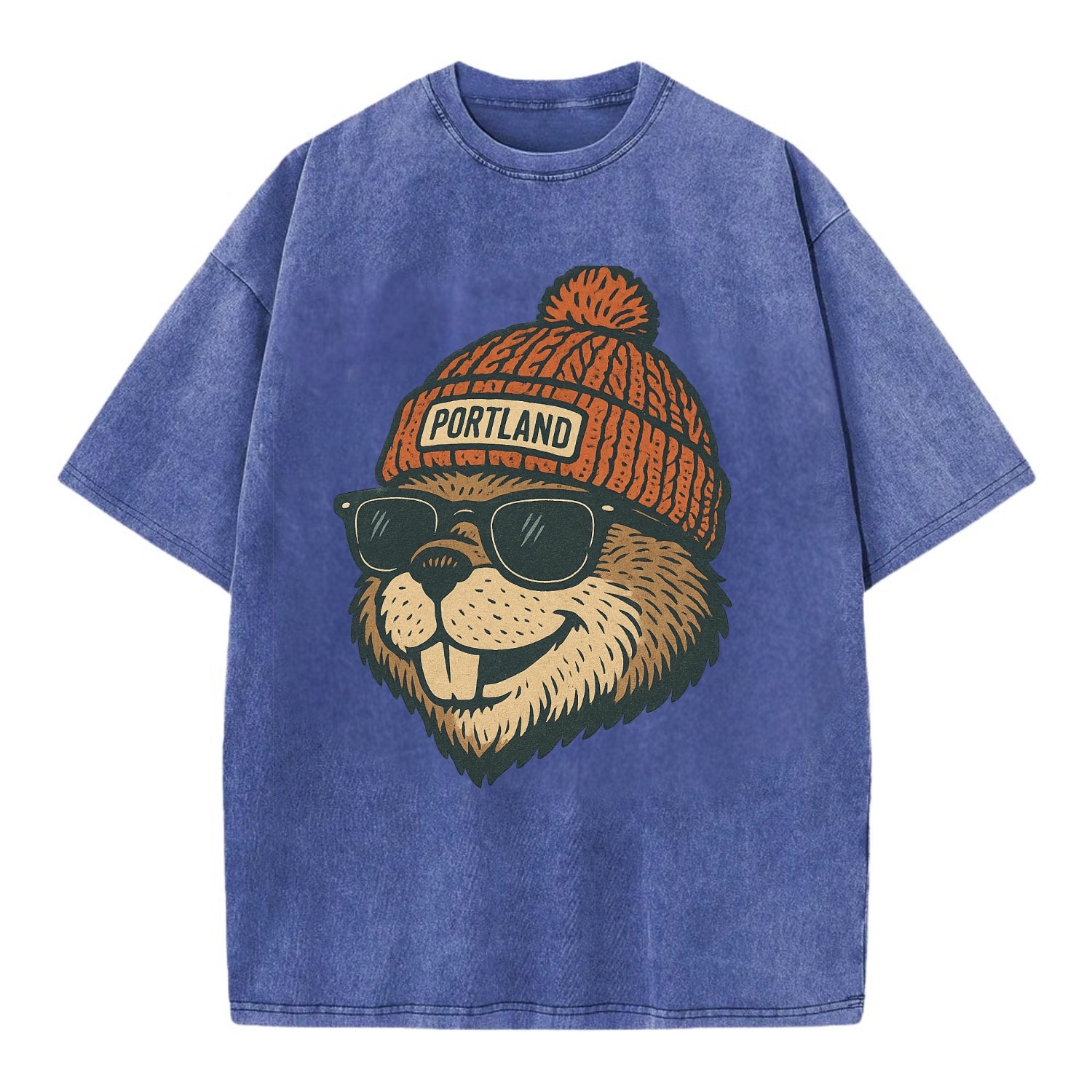 Oregon Beaver wearing Portland beanie with pom pom and wayfarer sunglasses - Vintage T-shirt - Blue