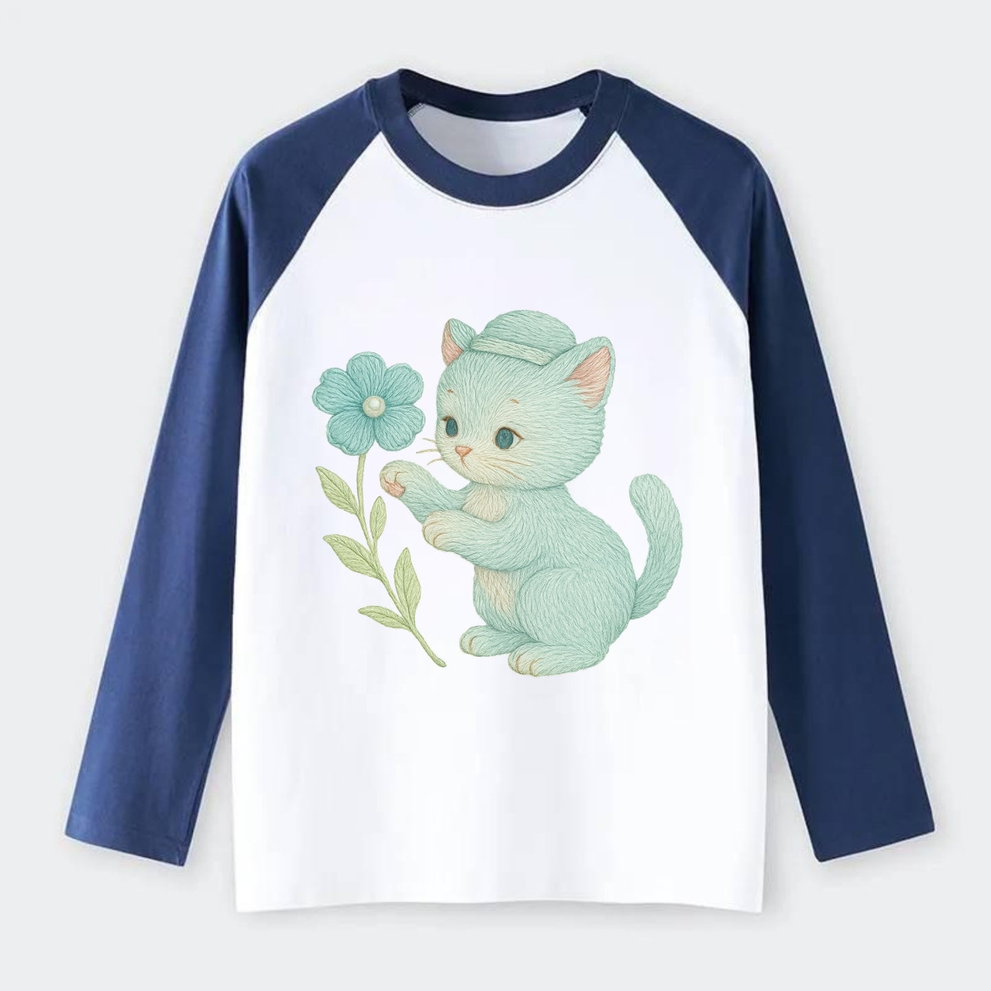Aqua Kitten - Raglan Long Sleeve T-Shirt - Blue