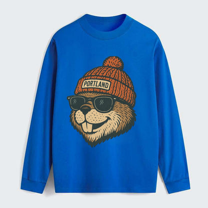 Oregon Beaver wearing Portland beanie with pom pom and wayfarer - Classic Long Sleeve Shirt - Blue