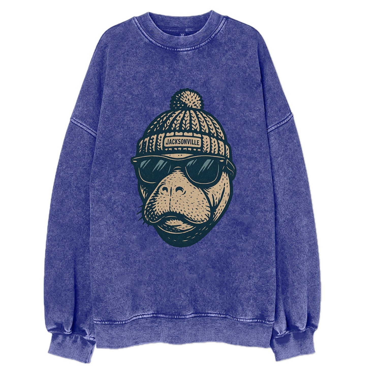 Jacksonville Manatee wearing Jacksonville beanie with pom pom and wayfarer - Vintage Sweatshirt - Blue