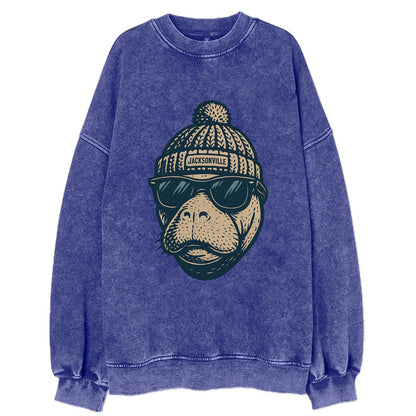 Jacksonville Manatee wearing Jacksonville beanie with pom pom and wayfarer - Vintage Sweatshirt - Blue