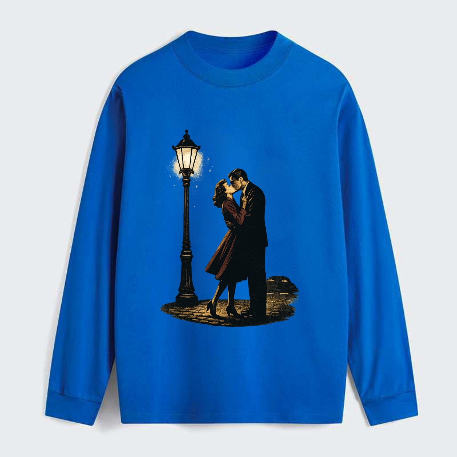 first kiss under vintage street lamp on cobblestone at night - Classic Long Sleeve Shirt - Blue