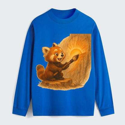 Red panda painting a sunrise mural with an oversized calligraphy brush - Classic Long Sleeve Shirt - Blue