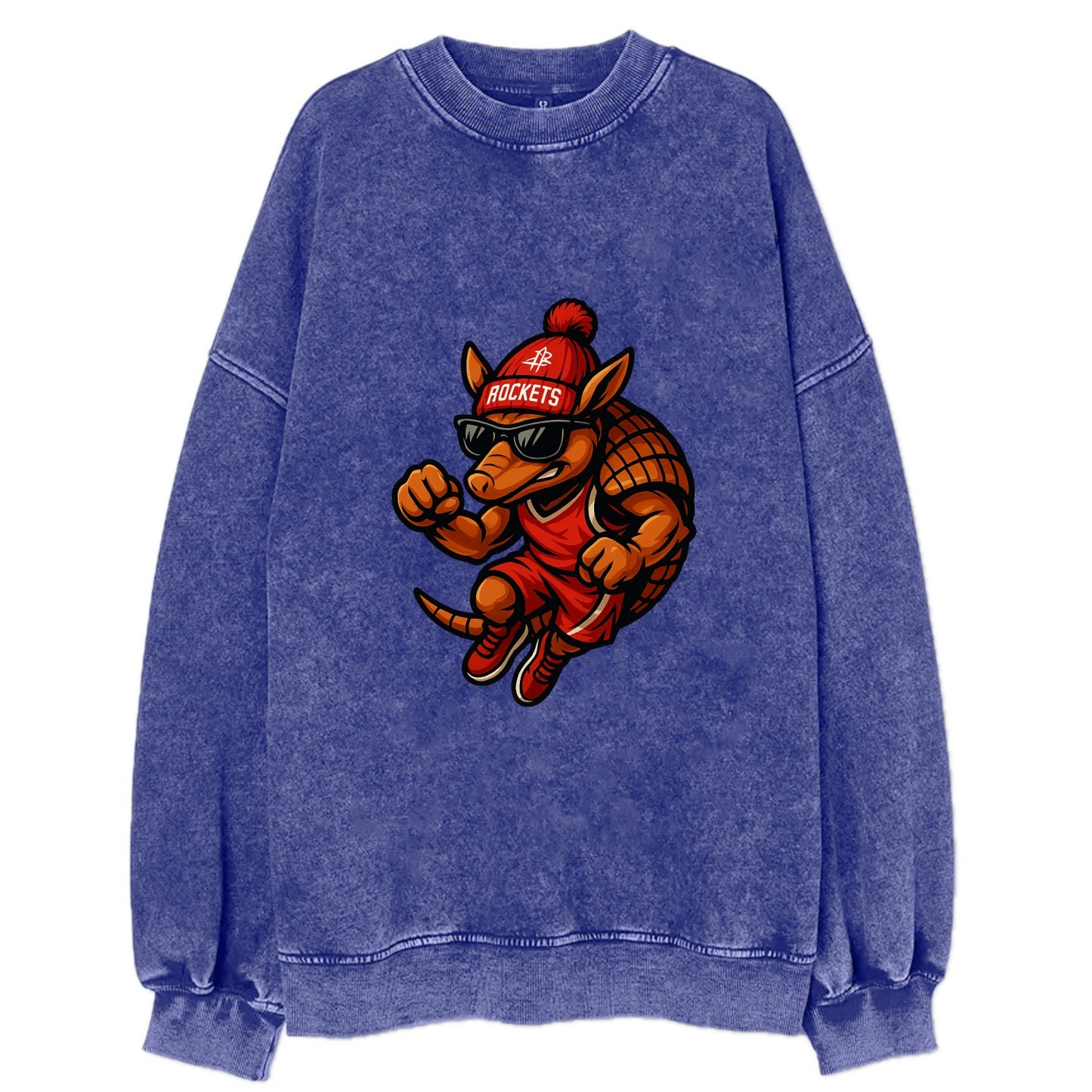 Houston Armadillo wearing Rockets red and silver beanie with rocket ship and - Vintage Sweatshirt - Blue