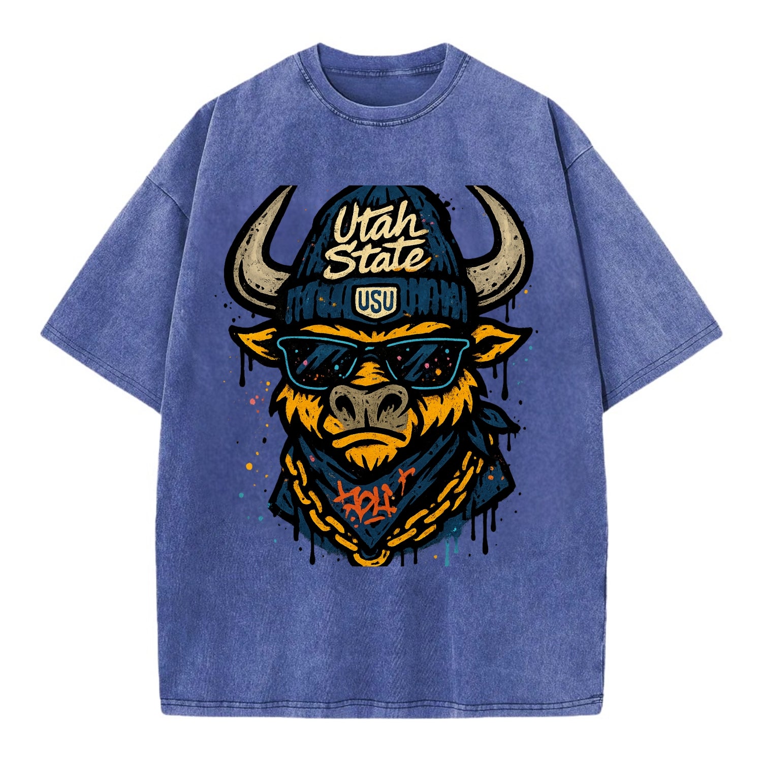 Logan Aggie wearing Utah State beanie with USU patch - Vintage T-shirt - Blue