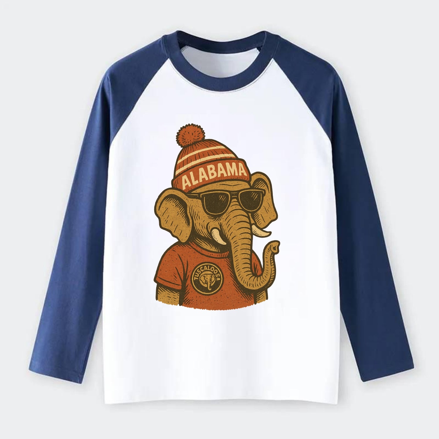Tuscaloosa Crimson Elephant wearing Alab - Raglan Long Sleeve T-Shirt - Blue