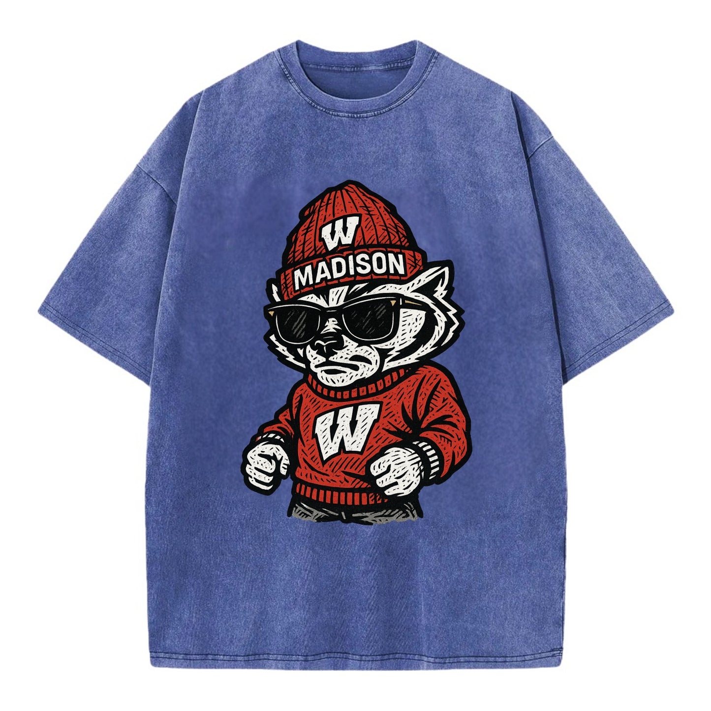 Madison Badger wearing Wisconsin beanie with motion W patch - Vintage T-shirt - Blue