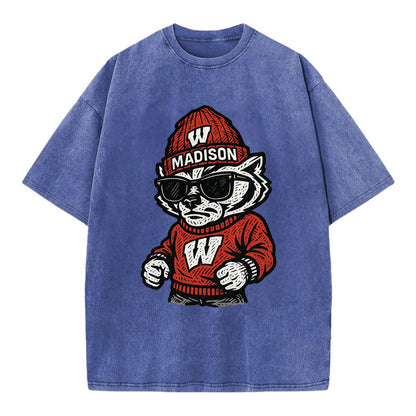 Madison Badger wearing Wisconsin beanie with motion W patch - Vintage T-shirt - Blue