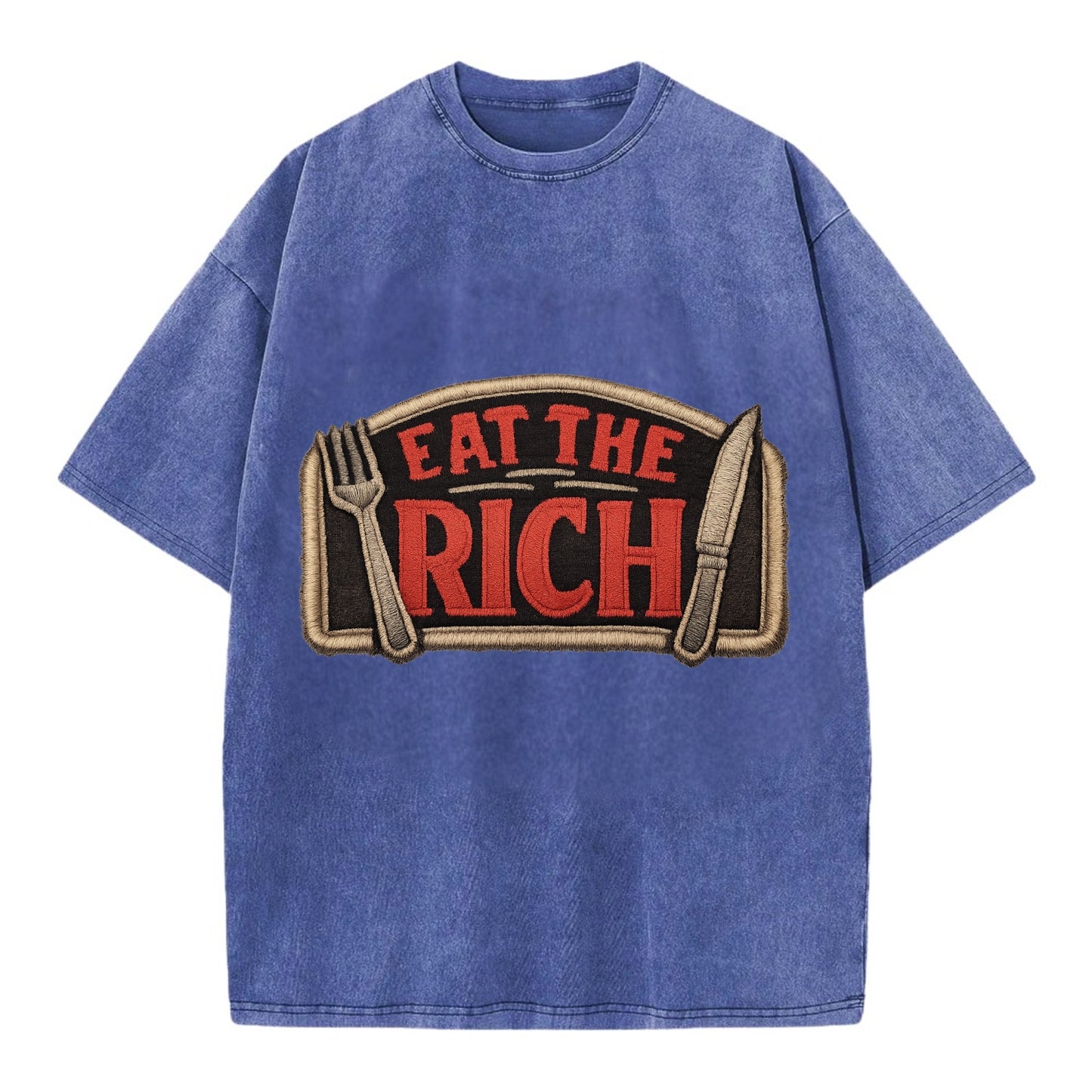 EAT THE RICH - fork and knife with text in red and silver , class war - Vintage T-shirt - Blue