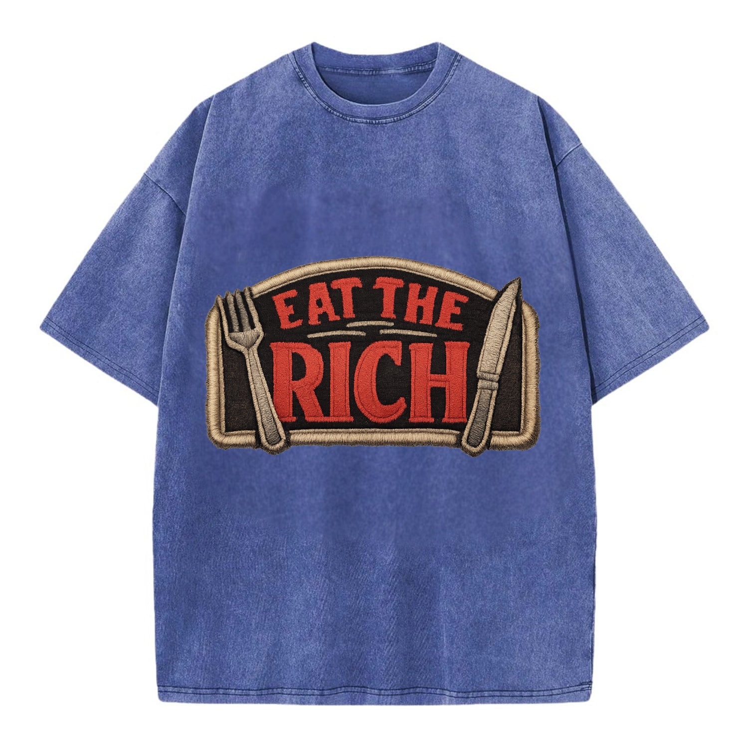 EAT THE RICH - fork and knife with text in red and silver , class war - Vintage T-shirt - Blue