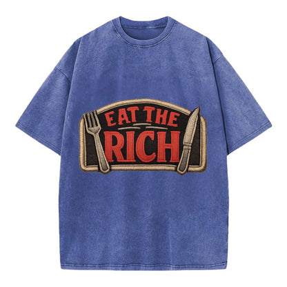 EAT THE RICH - fork and knife with text in red and silver , class war - Vintage T-shirt - Blue